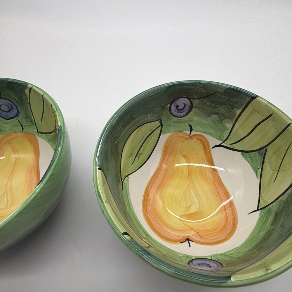Bob Mackie Cereal Dessert Bowl Pears Grapes Fruit Bright Yellow Green Set Of 2 - Picture 6 of 14